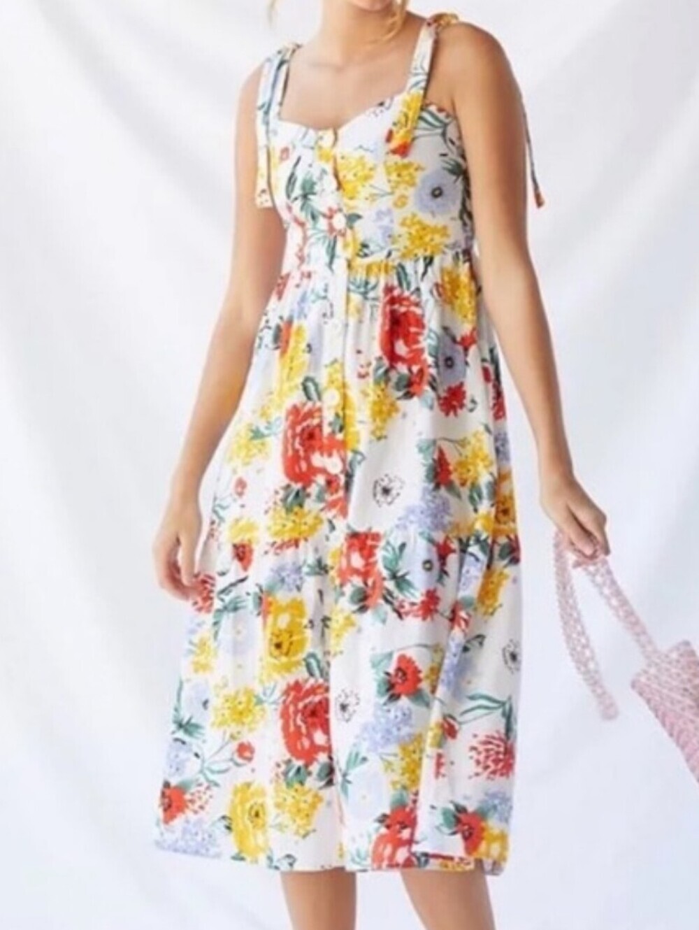 Urban Outfitters Positano Linen Tie-Shoulder Midi Dress Yellow & Red Blooms